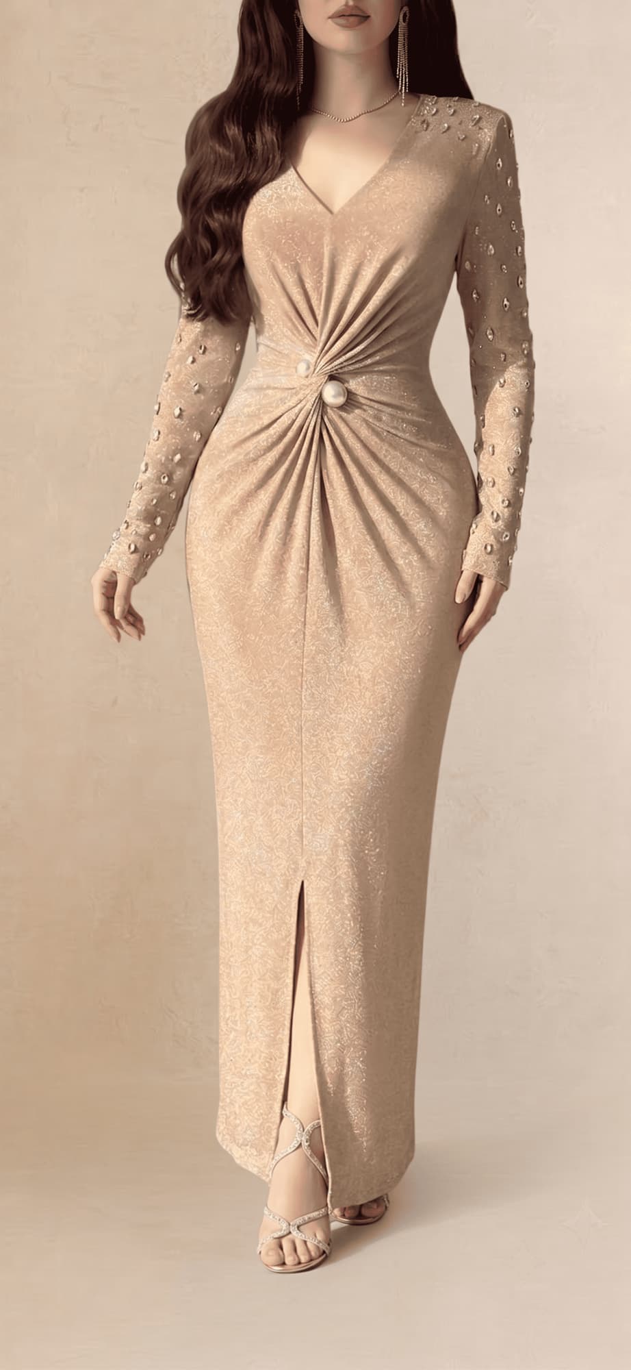 فستان سهره لماع مزين بالكرستال ولؤلؤ في المنتصف