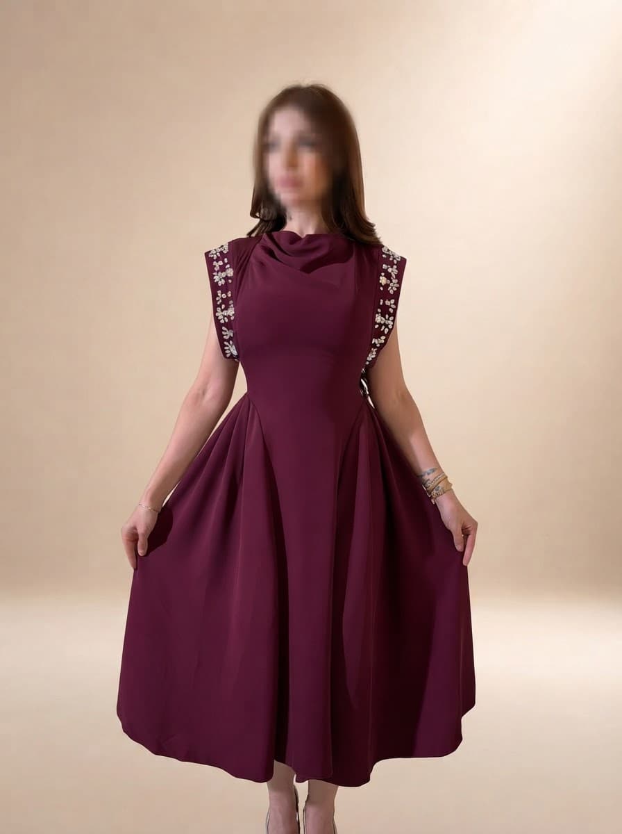 فستان سهره ميدي بأكتاف مطرزة